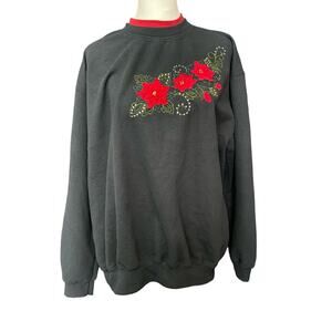 Fashion VINTAGE COZY Black Red Flowers Size XL Women's Sweater